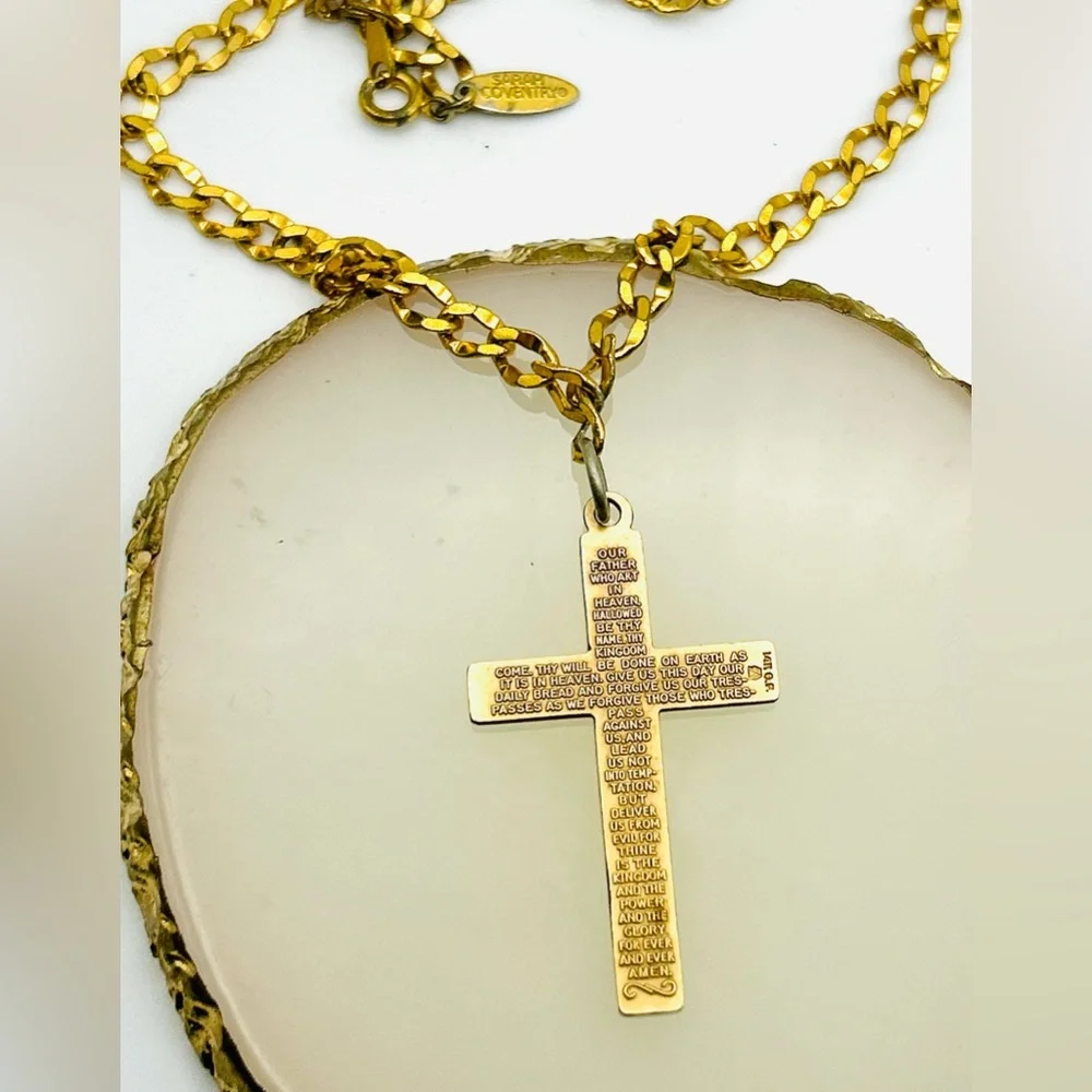 Vintage 24KT gold plated signed The Lords Prayer Cross Religious Necklace